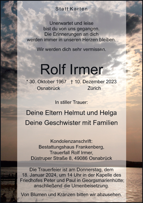 Traueranzeige von Rolf lrmer von Neue Osnabrücker Zeitung GmbH & Co. KG