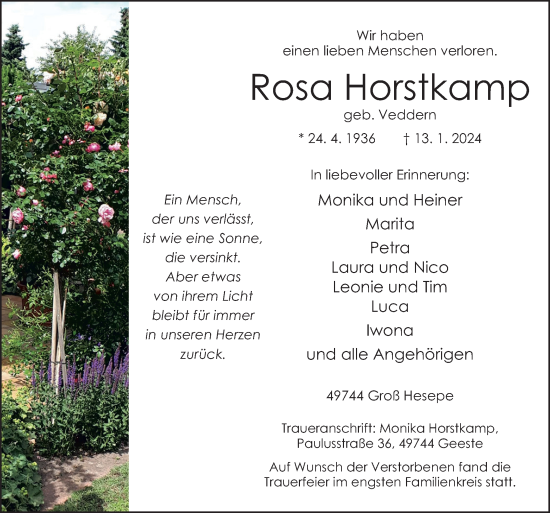 Traueranzeige von Rosa Horstkamp von Neue Osnabrücker Zeitung GmbH & Co. KG