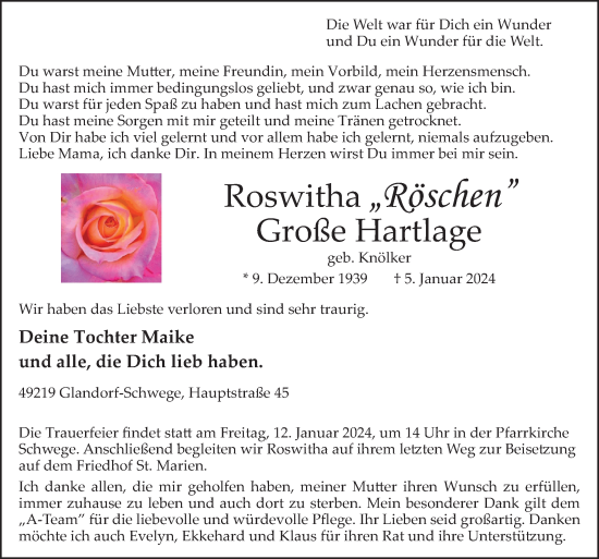Traueranzeige von Roswitha Große Hartlage von Neue Osnabrücker Zeitung GmbH & Co. KG