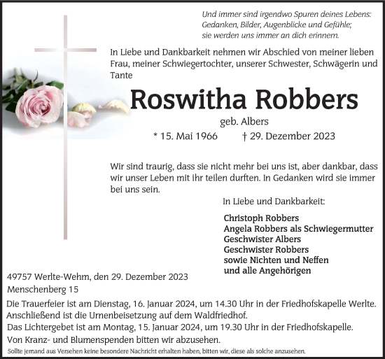 Traueranzeige von Roswitha Robbers von Neue Osnabrücker Zeitung GmbH & Co. KG