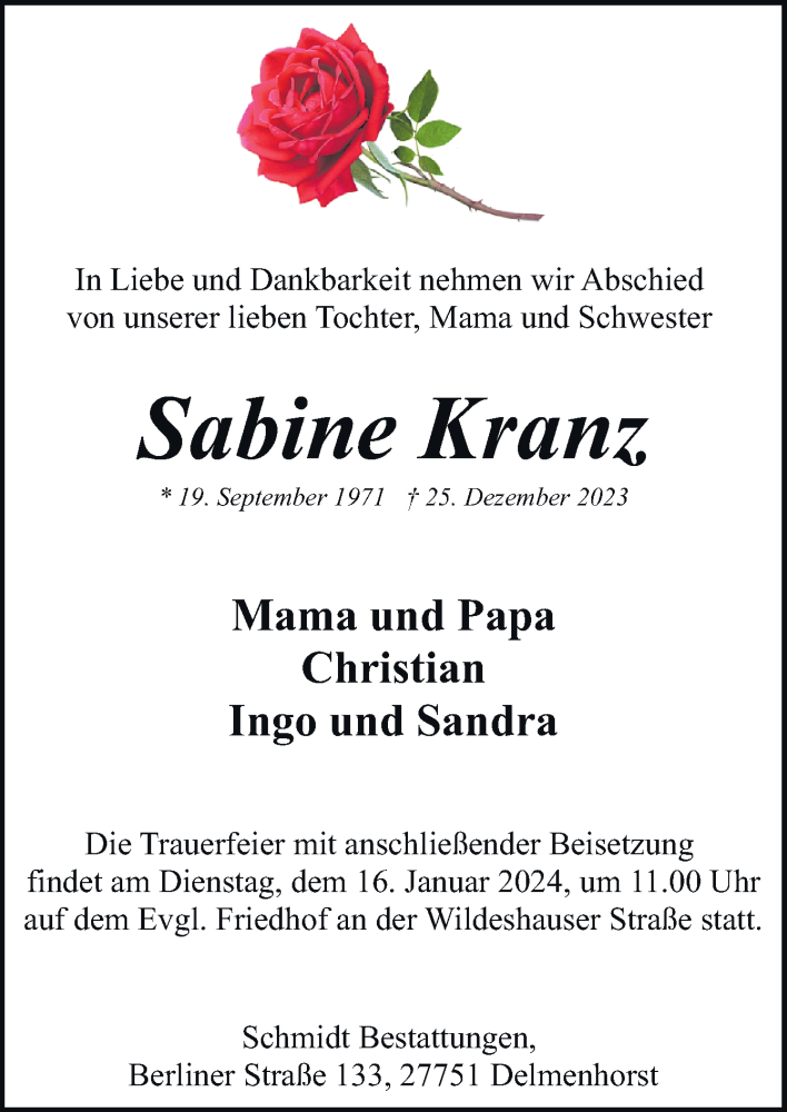  Traueranzeige für Sabine Kranz vom 06.01.2024 aus DK Medien GmbH & Co. KG