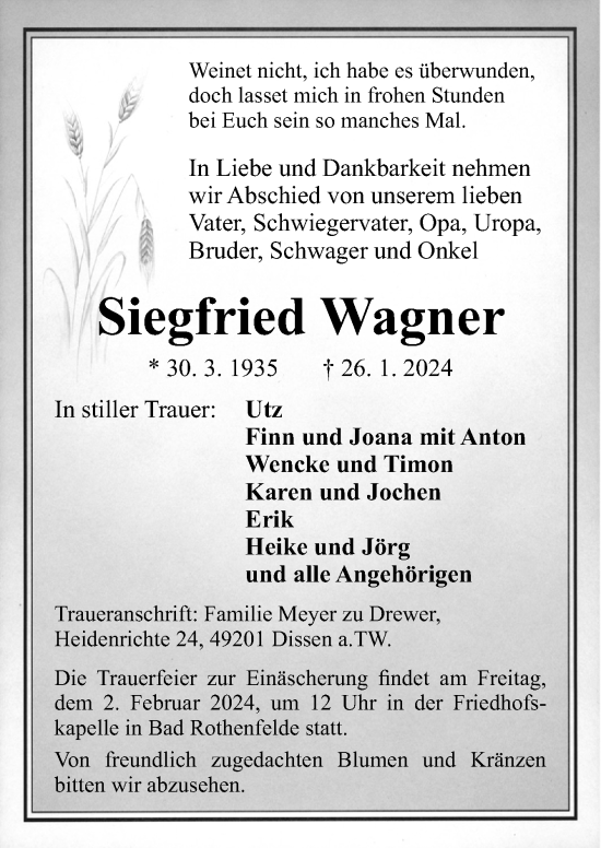 Traueranzeige von Siegfried Wagner von Neue Osnabrücker Zeitung GmbH & Co. KG