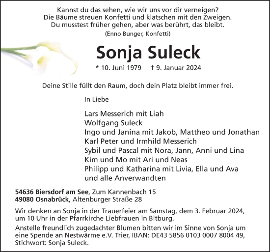 Traueranzeige von Sonja Suleck von Neue Osnabrücker Zeitung GmbH & Co. KG