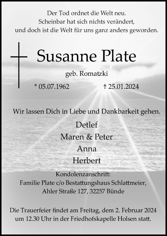 Traueranzeige von Susanne Plate von Neue Osnabrücker Zeitung GmbH & Co. KG