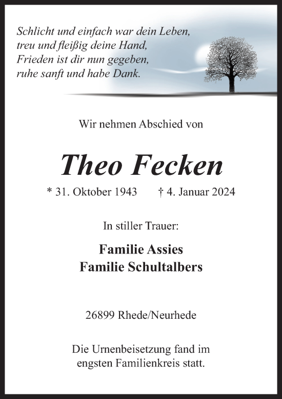 Traueranzeige von Theo Fecken von Neue Osnabrücker Zeitung GmbH & Co. KG