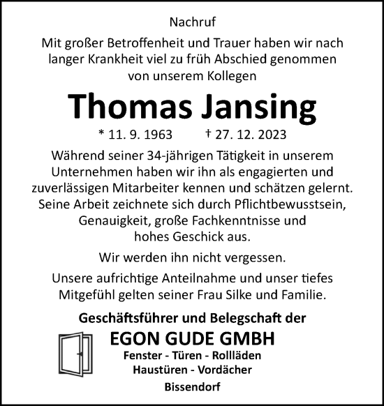 Traueranzeige von Thomas Jansing von Neue Osnabrücker Zeitung GmbH & Co. KG