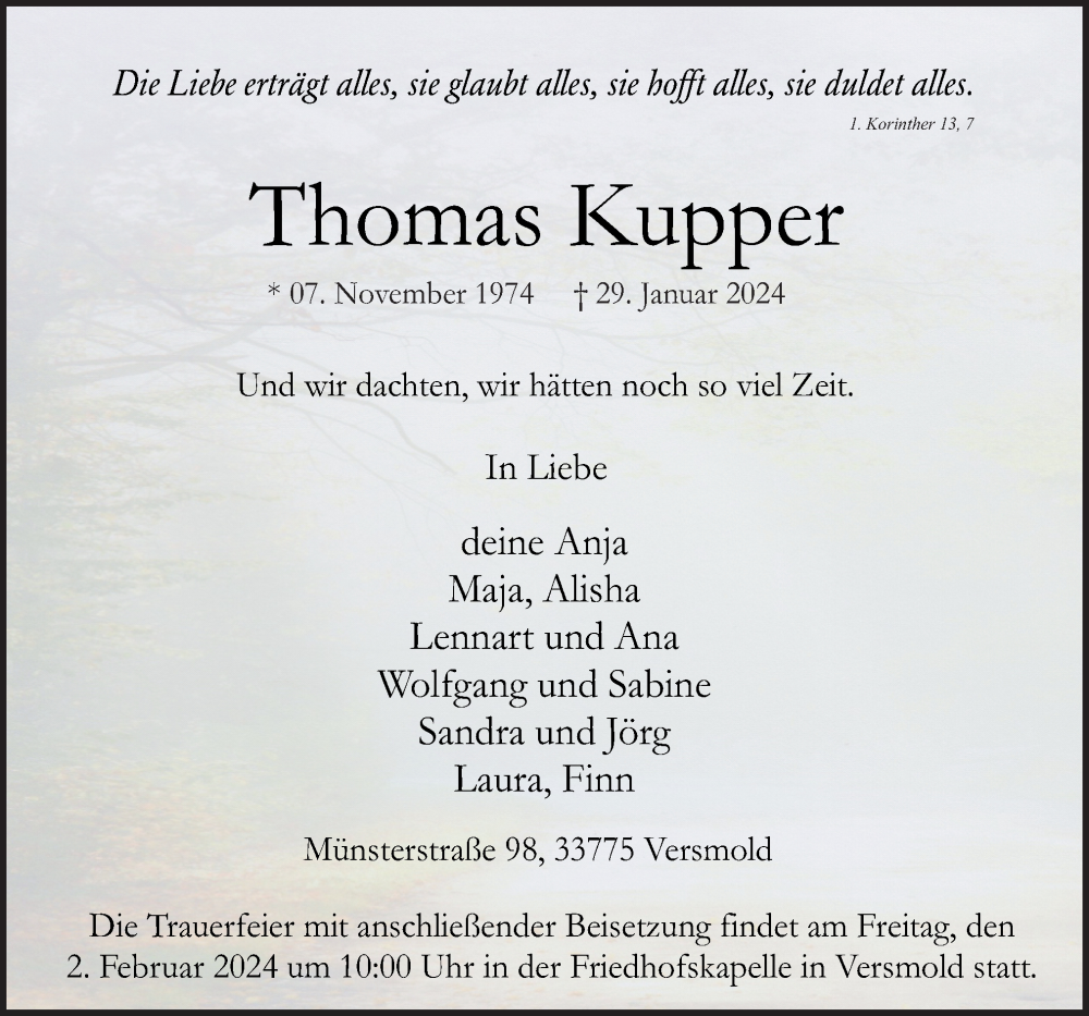  Traueranzeige für Thomas Kupper vom 31.01.2024 aus Neue Osnabrücker Zeitung GmbH & Co. KG