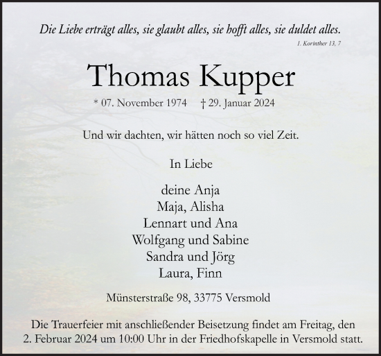 Traueranzeige von Thomas Kupper von Neue Osnabrücker Zeitung GmbH & Co. KG