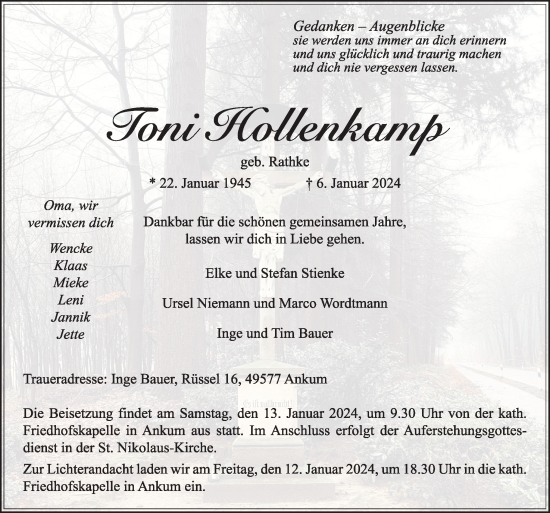 Traueranzeige von Toni Hollenkamp von Neue Osnabrücker Zeitung GmbH & Co. KG