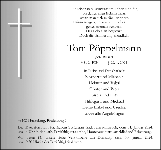 Traueranzeige von Toni Pöppelmann von Neue Osnabrücker Zeitung GmbH & Co. KG