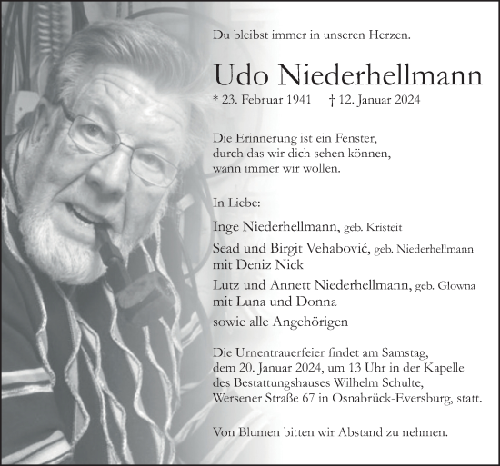 Traueranzeige von Udo Niederhellmann von Neue Osnabrücker Zeitung GmbH & Co. KG