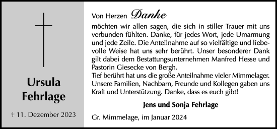 Traueranzeige von Ursula Fehrlage von Neue Osnabrücker Zeitung GmbH & Co. KG