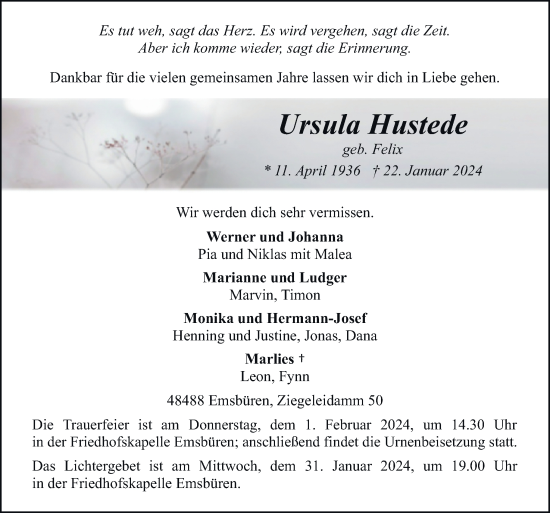 Traueranzeige von Ursula Hustede von Neue Osnabrücker Zeitung GmbH & Co. KG