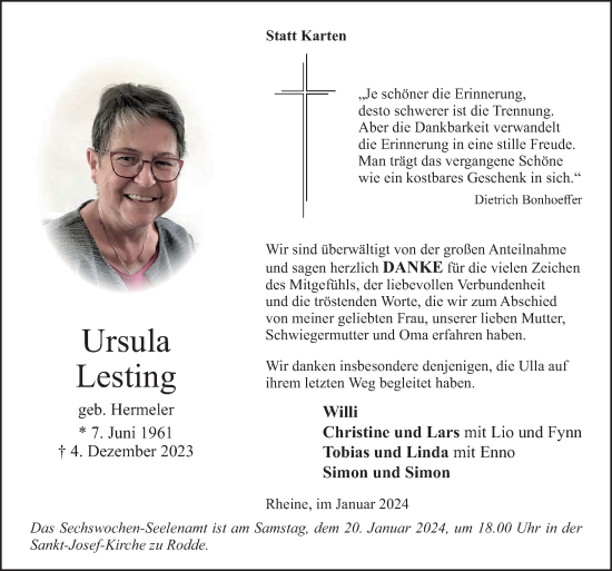 Traueranzeige von Ursula Lesting von Neue Osnabrücker Zeitung GmbH & Co. KG