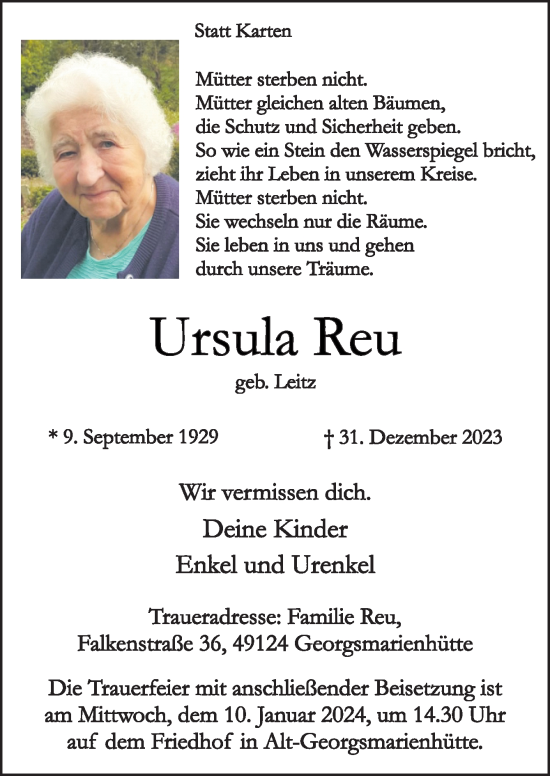 Traueranzeige von Ursula Reu von Neue Osnabrücker Zeitung GmbH & Co. KG