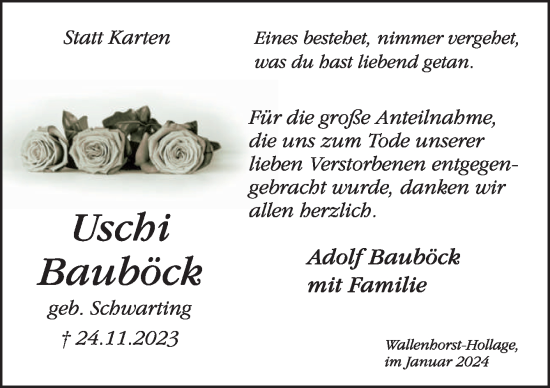 Traueranzeige von Uschi Bauböck von Neue Osnabrücker Zeitung GmbH & Co. KG