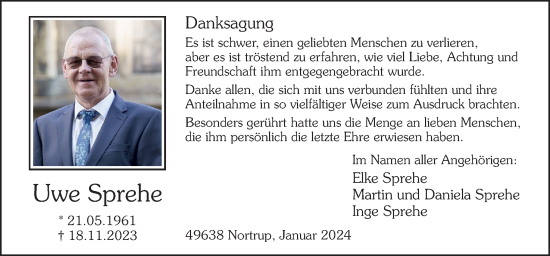 Traueranzeige von Uwe Sprehe von Neue Osnabrücker Zeitung GmbH & Co. KG