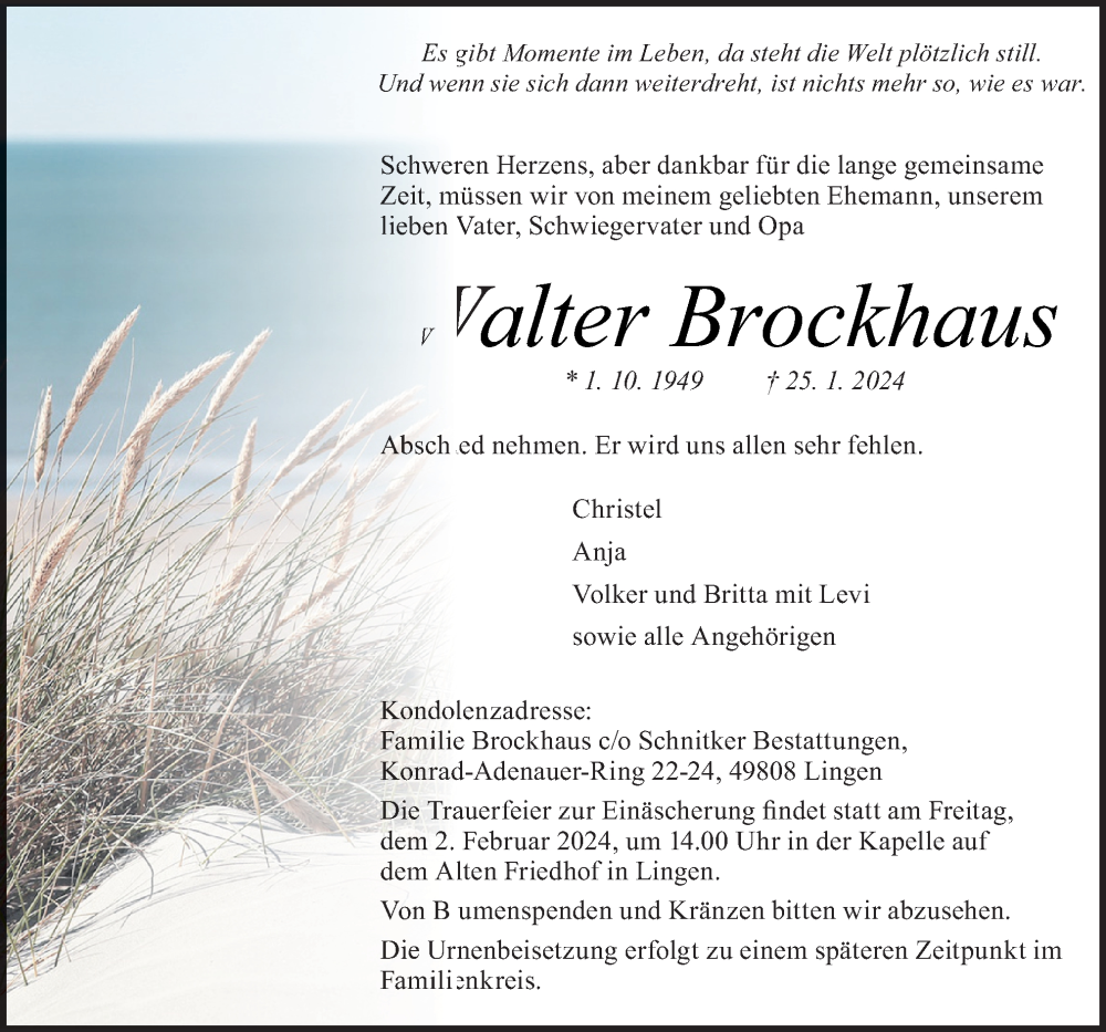  Traueranzeige für Walter Brockhaus vom 30.01.2024 aus Neue Osnabrücker Zeitung GmbH & Co. KG