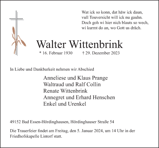 Traueranzeige von Walter Wittenbrink von Neue Osnabrücker Zeitung GmbH & Co. KG