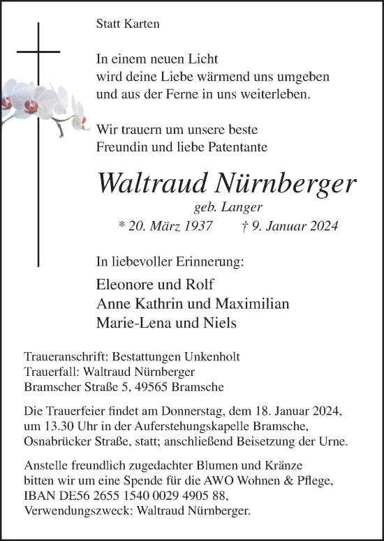 Traueranzeige von Waltraud Nürnberger von Neue Osnabrücker Zeitung GmbH & Co. KG