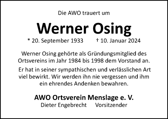 Traueranzeige von Werner Osing von Neue Osnabrücker Zeitung GmbH & Co. KG