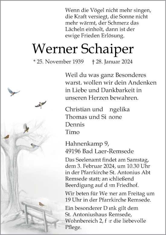 Traueranzeige von Werner Schaiper von Neue Osnabrücker Zeitung GmbH & Co. KG