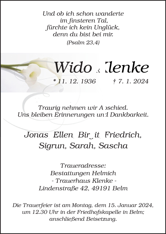 Traueranzeige von Wido Klenke von Neue Osnabrücker Zeitung GmbH & Co. KG