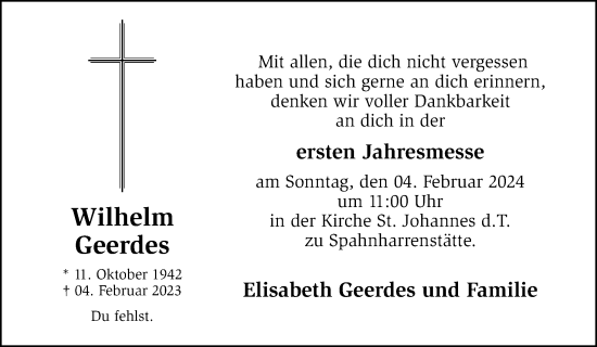 Traueranzeige von Wilhelm Geerdes von Neue Osnabrücker Zeitung GmbH & Co. KG