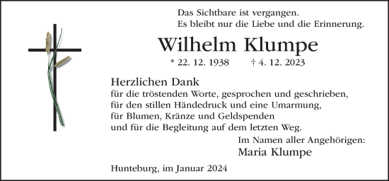 Traueranzeige von Wilhelm Klumpe von Neue Osnabrücker Zeitung GmbH & Co. KG