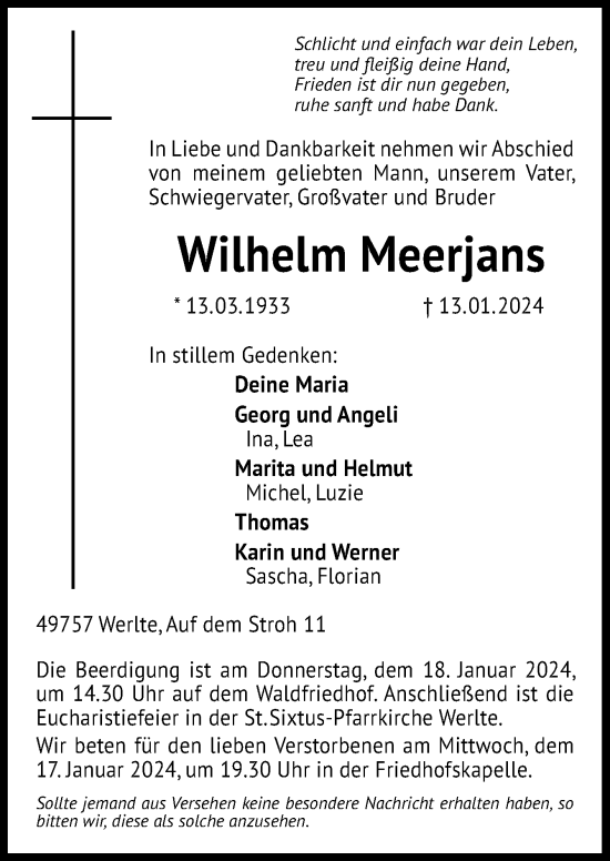 Traueranzeige von Wilhelm Meerjans von Neue Osnabrücker Zeitung GmbH & Co. KG