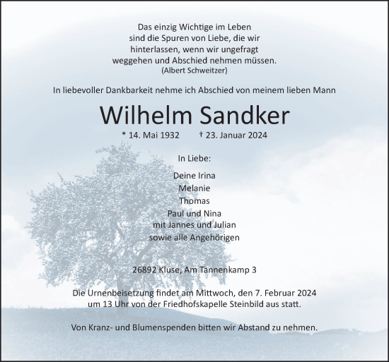 Traueranzeige von Wilhelm Sandker von Neue Osnabrücker Zeitung GmbH & Co. KG