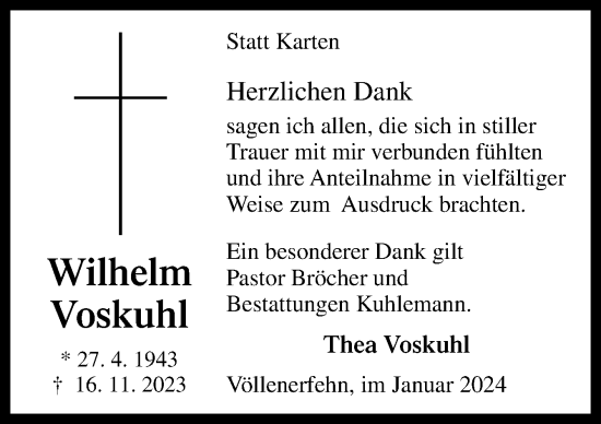 Traueranzeige von Wilhelm Voskuhl von Neue Osnabrücker Zeitung GmbH & Co. KG