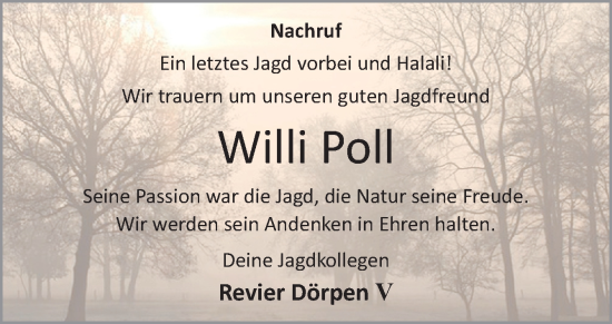 Traueranzeige von Willi Poll von Neue Osnabrücker Zeitung GmbH & Co. KG