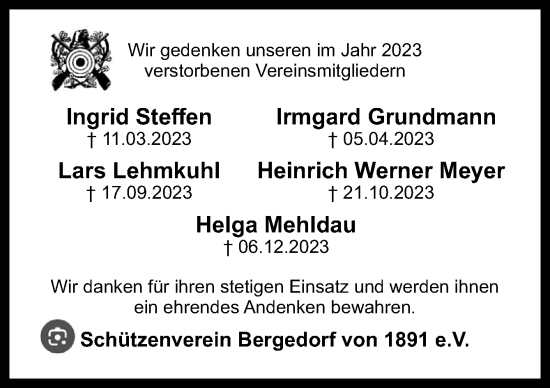 Traueranzeige von Wir gedenken unseren im Jahr 2023 verstorbenen Vereinsmitgliedern  von DK Medien GmbH & Co. KG