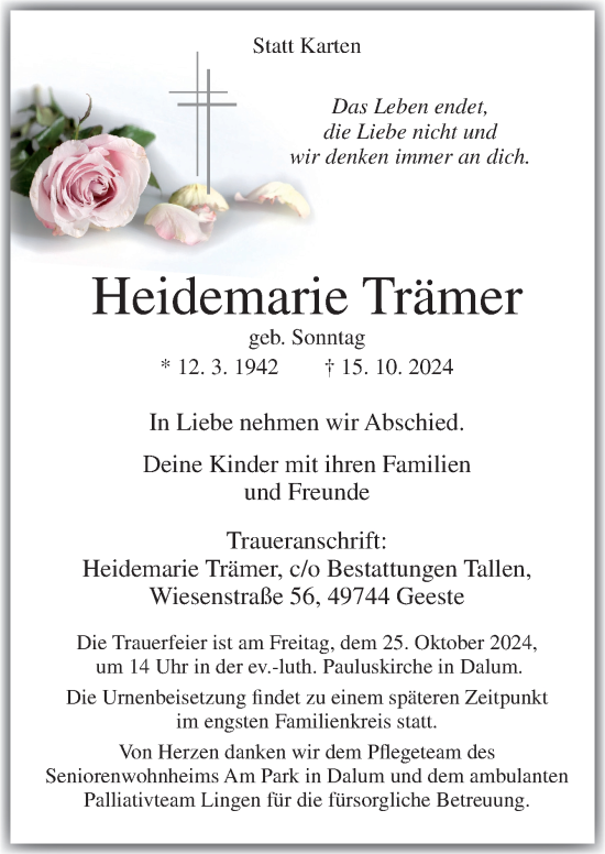 Traueranzeige von Heidemarie Trämer von Neue Osnabrücker Zeitung GmbH & Co. KG