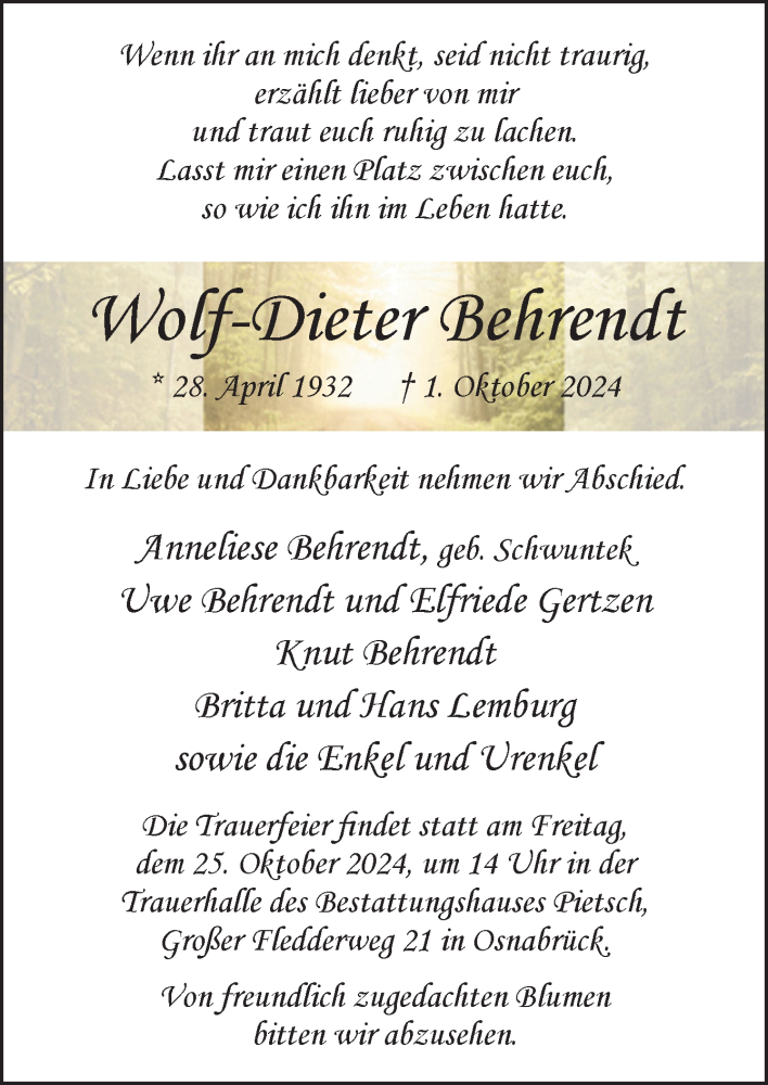  Traueranzeige für Wolf-Dieter Behrendt vom 12.10.2024 aus Neue Osnabrücker Zeitung GmbH & Co. KG