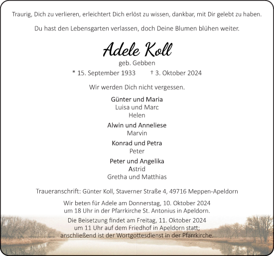 Traueranzeige von Adele Koll von Neue Osnabrücker Zeitung GmbH & Co. KG