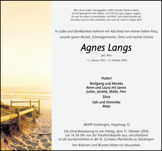 Traueranzeige von Agnes Langs von Neue Osnabrücker Zeitung GmbH & Co. KG