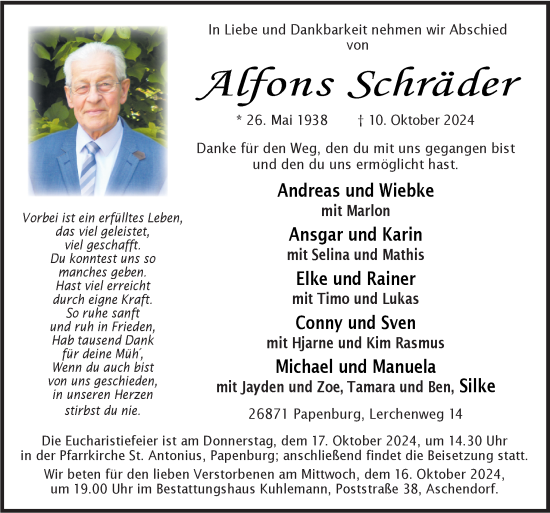 Traueranzeige von Alfons Schräder von Neue Osnabrücker Zeitung GmbH & Co. KG