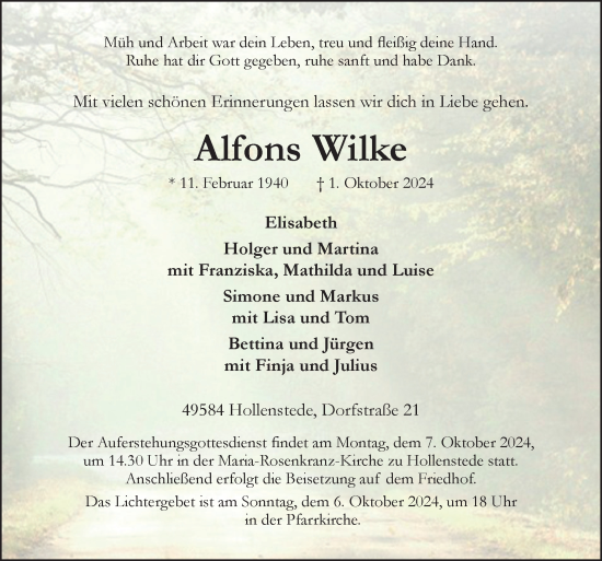 Traueranzeige von Alfons Wilke von Neue Osnabrücker Zeitung GmbH & Co. KG