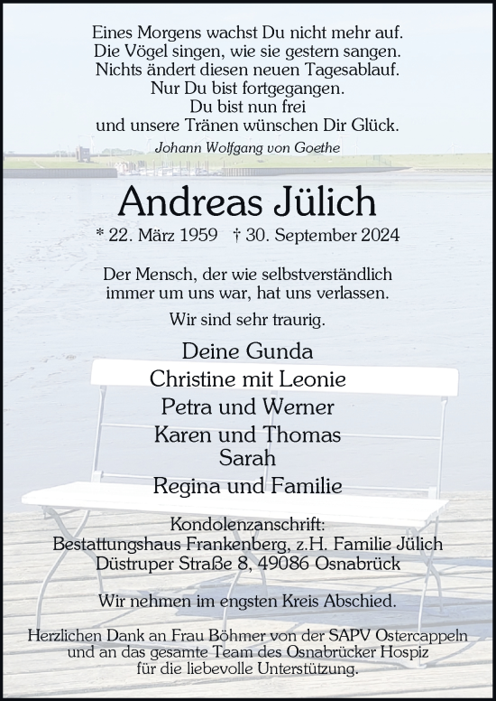 Traueranzeige von Andreas Jülich von Neue Osnabrücker Zeitung GmbH & Co. KG