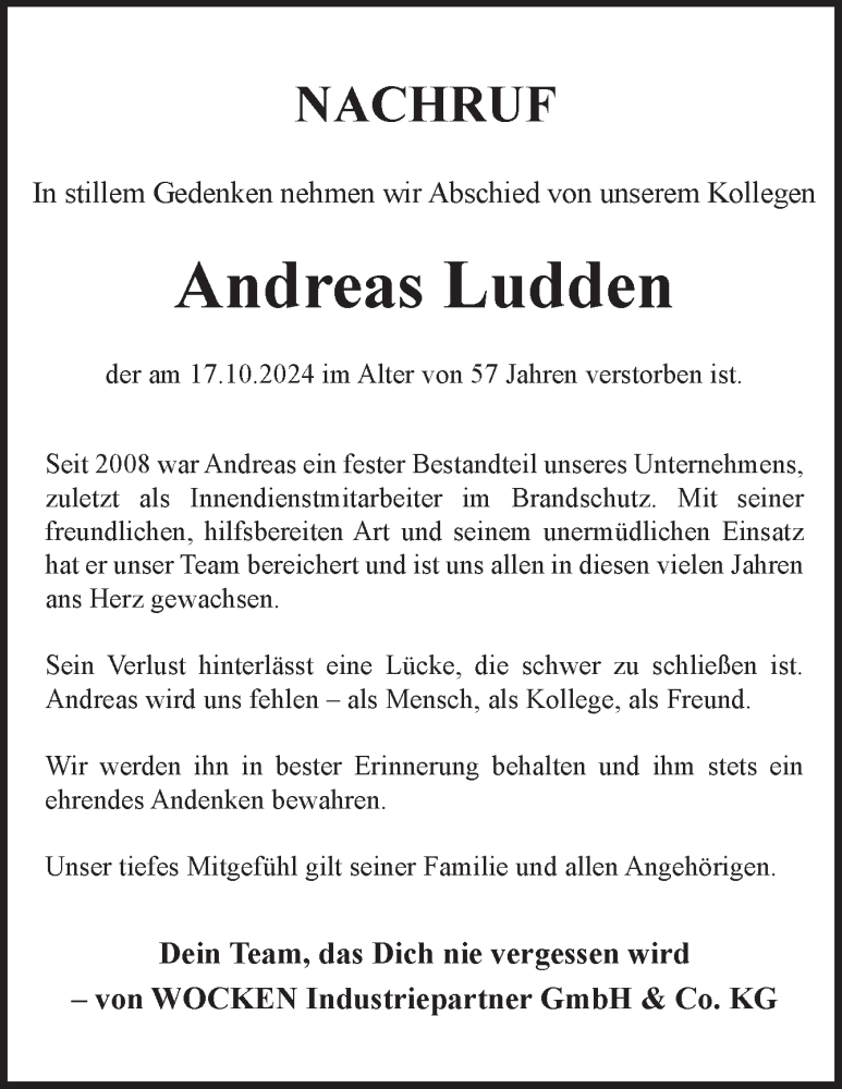  Traueranzeige für Andreas Ludden vom 23.10.2024 aus Neue Osnabrücker Zeitung GmbH & Co. KG