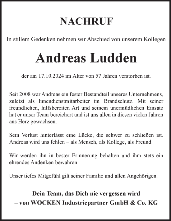 Traueranzeige von Andreas Ludden von Neue Osnabrücker Zeitung GmbH & Co. KG