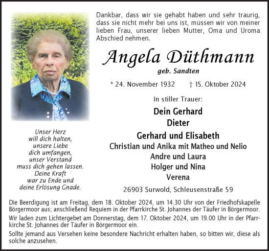 Traueranzeige von Angela Düthmann von Neue Osnabrücker Zeitung GmbH & Co. KG