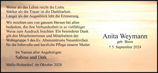 Traueranzeige von Anita Weymann von Neue Osnabrücker Zeitung GmbH & Co. KG