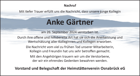 Traueranzeige von Anke Gärtner von Neue Osnabrücker Zeitung GmbH & Co. KG