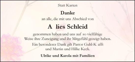 Traueranzeige von Anlies Schleid von Neue Osnabrücker Zeitung GmbH & Co. KG