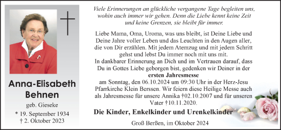 Traueranzeige von Anna-Elisabeth Behnen von Neue Osnabrücker Zeitung GmbH & Co. KG