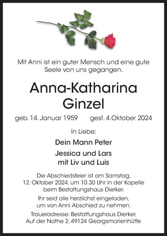 Traueranzeige von Anna-Katharina Ginzel von Neue Osnabrücker Zeitung GmbH & Co. KG