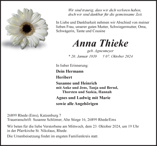 Traueranzeige von Anna Thieke von Neue Osnabrücker Zeitung GmbH & Co. KG